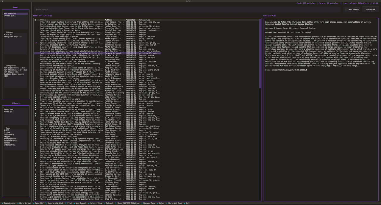 Animated demo of arTui browsing arXiv papers in the terminal.